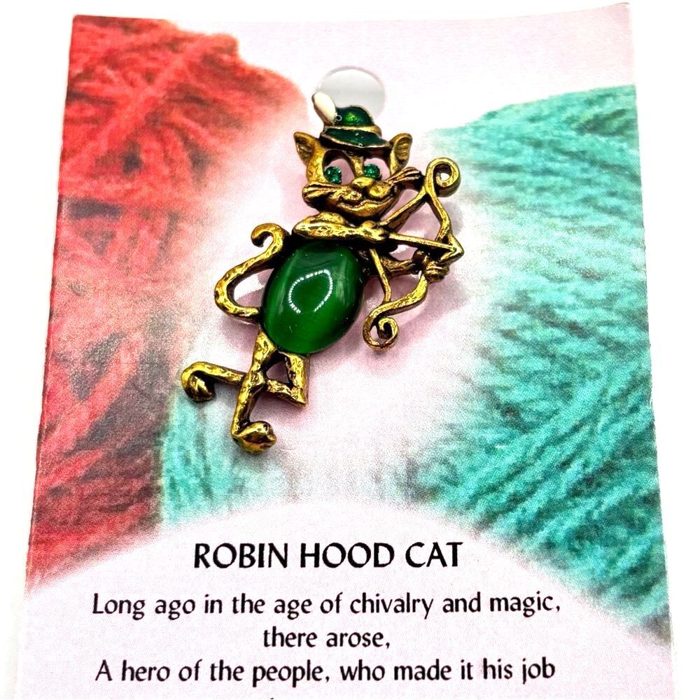 Gold Robin Hood Cat Lapel Pin Cat Bow and Arrow Brooch with Green Accents